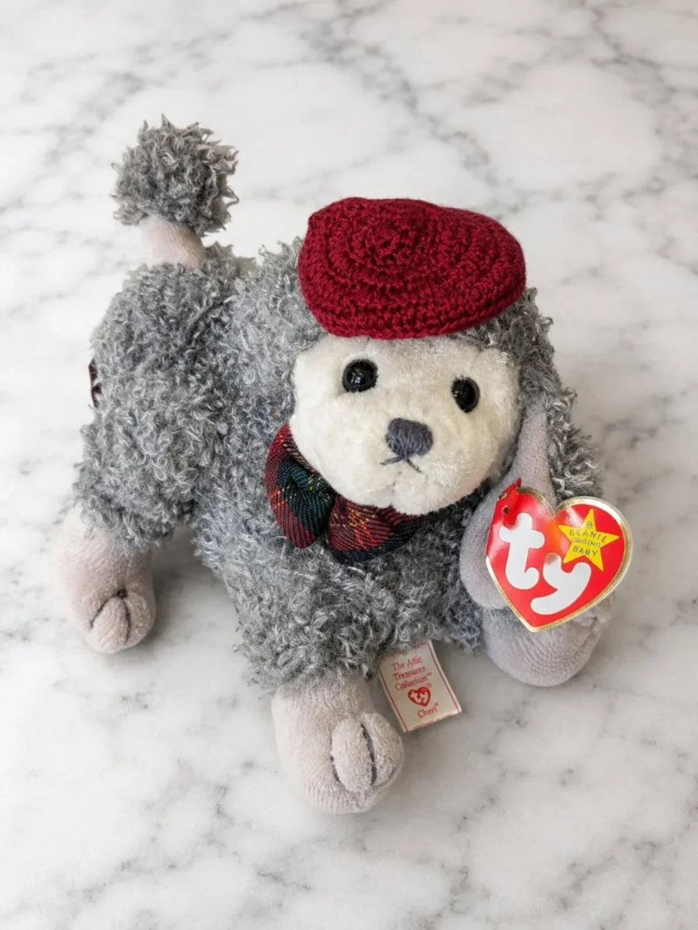 Vintage Ty Attic Treasures Cheri Poodle Plush Red Beret Plaid Bow Retired
